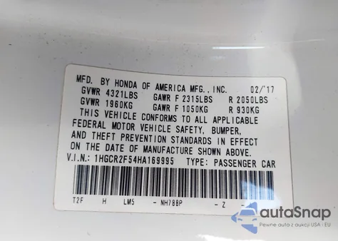 2017 Honda Accord Sport из США, поврежденный, VIN 1HGCR2F54HA169995